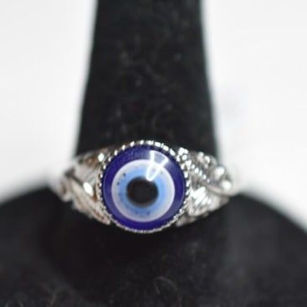 Blue Evil Eye Silver Tone Thin Engraved Metal Band Sizes 8, 10 & 11 Goth Ring